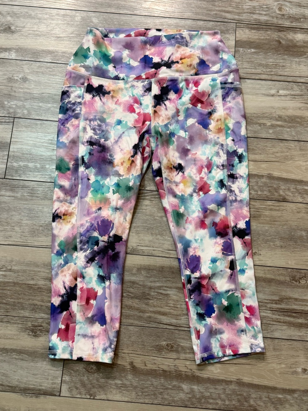 RBX Purple Pink Green Multicolor Watercolor Women Active Cropped Leggings